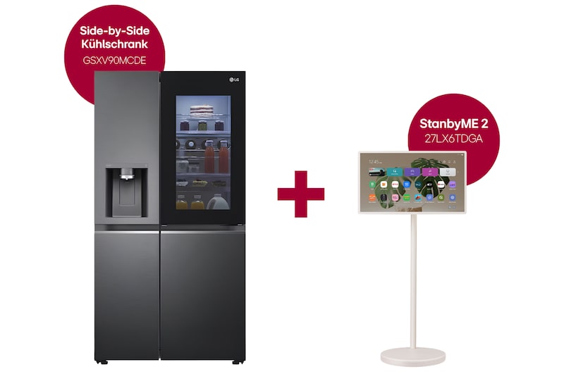 Vorderansicht von Side-by-Side mit InstaView Door-in-Door® | Craft Ice, Crushed Ice, Eiswürfel und Wasserspender | 635 Liter Kapazität | Energieeffizienzklasse E | Festwasseranschluss | Matte Black Steel | LG GSXV90MCDE + LG StanbyME 2 - Superportabler 27-Zoll-Touchscreen GSXV90MCDE.27LX001